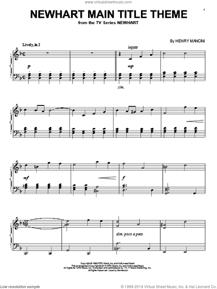 Newhart Main Title Theme sheet music for piano solo by Henry Mancini, intermediate skill level