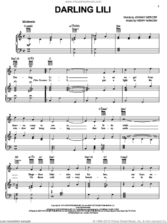 Darling Lili sheet music for voice, piano or guitar by Henry Mancini and Johnny Mercer, intermediate skill level
