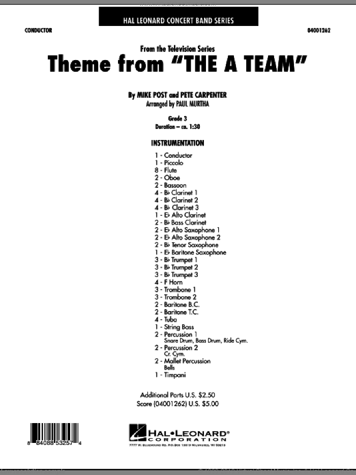 Theme from The A-Team (COMPLETE) sheet music for concert band by Mike Post, Pete Carpenter and Paul Murtha, intermediate skill level