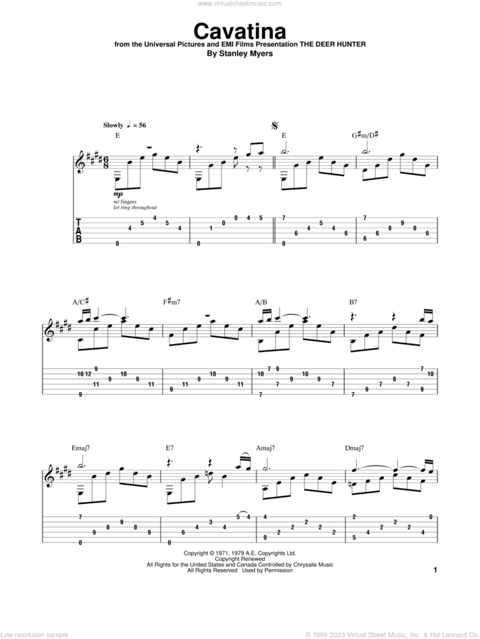 Cavatina (from The Deer Hunter) sheet music for guitar (tablature, play-along) by Stanley Myers and John Williams, classical score, intermediate skill level