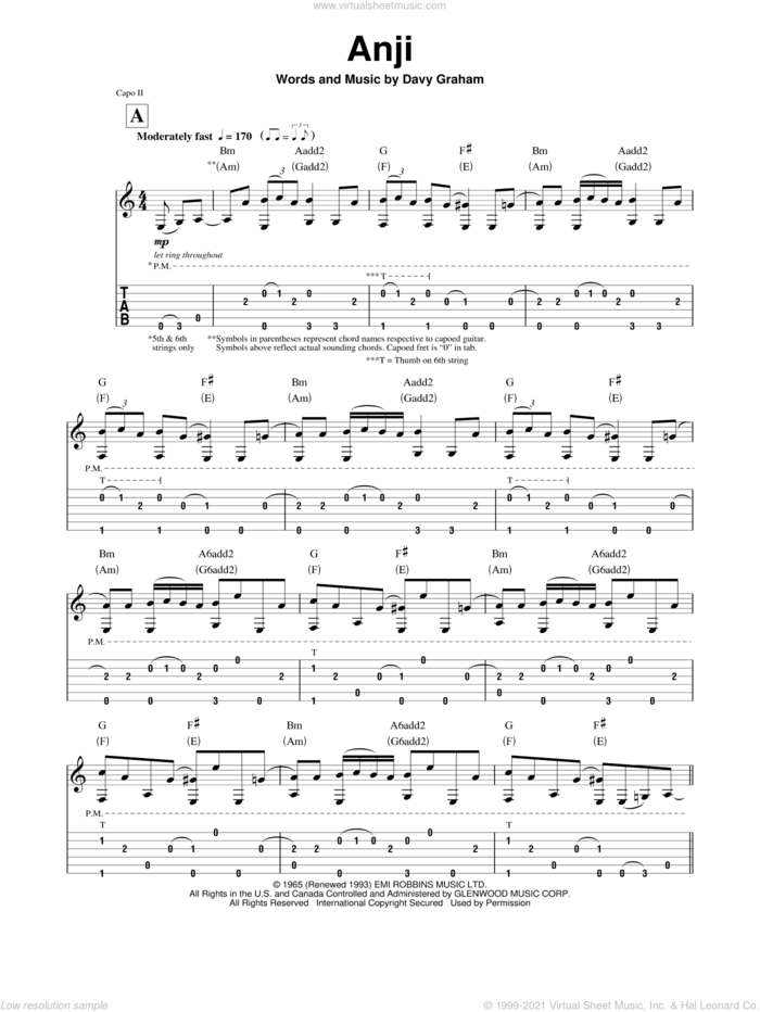 Anji sheet music for guitar (tablature, play-along) by Paul Simon and Davy Graham, intermediate skill level