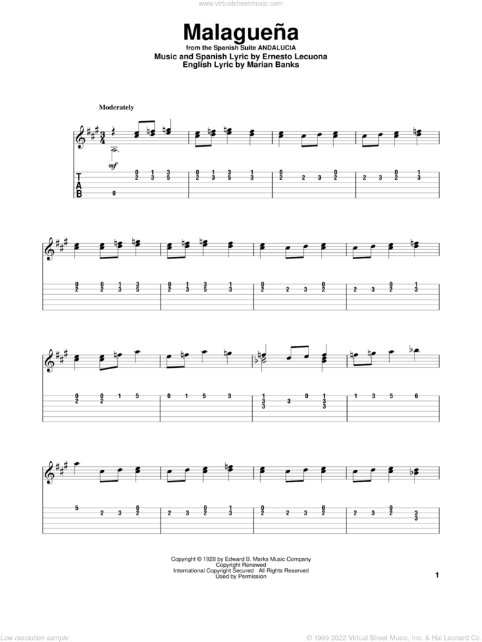 Malaguena sheet music for guitar (tablature, play-along) by Ernesto Lecuona and Marian Banks, intermediate skill level