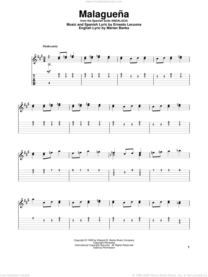 Malaguena sheet music for guitar (tablature, play-along) by Ernesto Lecuona and Marian Banks, intermediate skill level