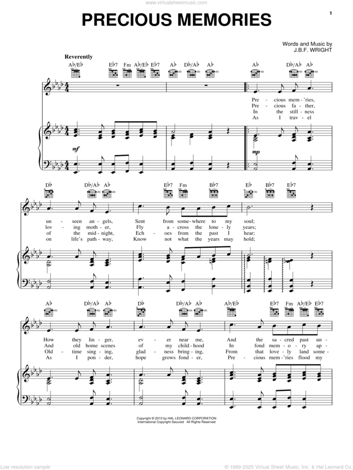 Precious Memories sheet music for voice, piano or guitar by J.B.F. Wright, intermediate skill level