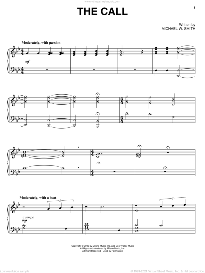 The Call sheet music for piano solo by Michael W. Smith, intermediate skill level