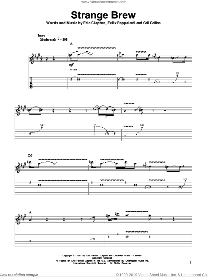 Strange Brew sheet music for guitar (tablature, play-along) by Cream, Eric Clapton, Felix Pappalardi and Gail Collins, intermediate skill level