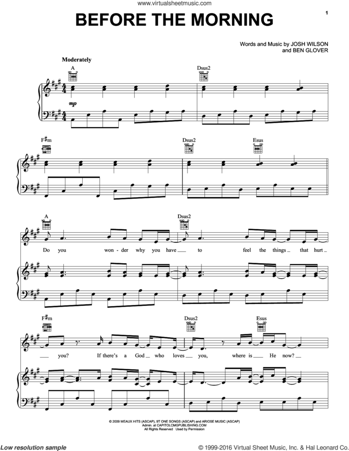 Before The Morning sheet music for voice, piano or guitar by Josh Wilson and Ben Glover, intermediate skill level