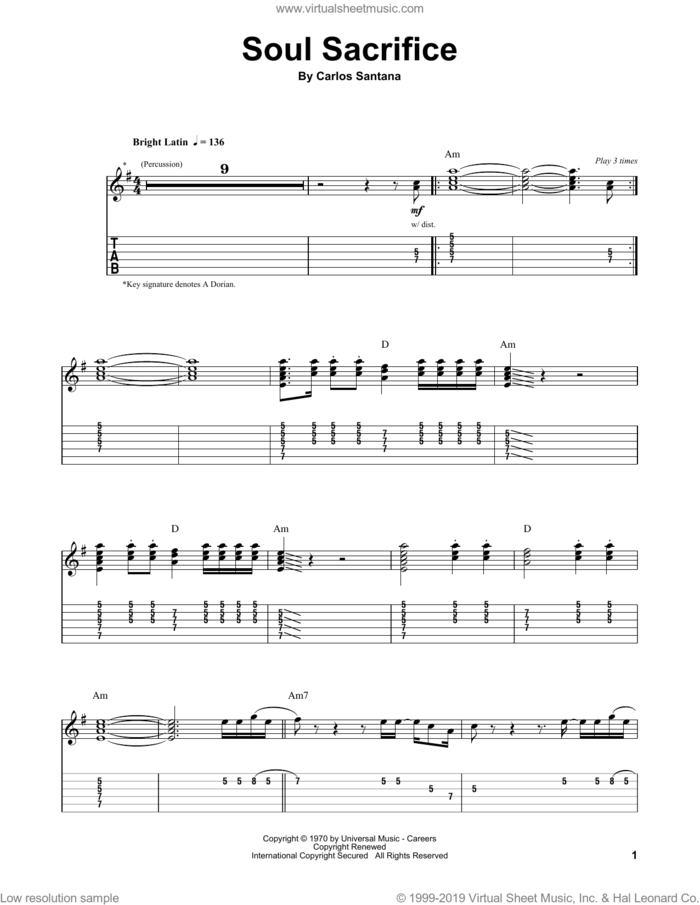 Soul Sacrifice sheet music for guitar (tablature, play-along) by Carlos Santana, intermediate skill level
