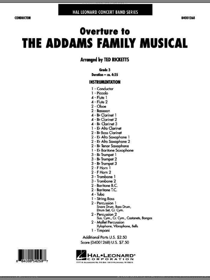 Overture to The Addams Family Musical (COMPLETE) sheet music for concert band by Ted Ricketts, intermediate skill level