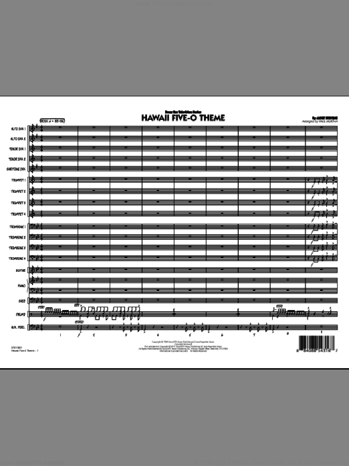 Hawaii Five-O Theme (COMPLETE) sheet music for jazz band by Paul Murtha and Mort Stevens, intermediate skill level