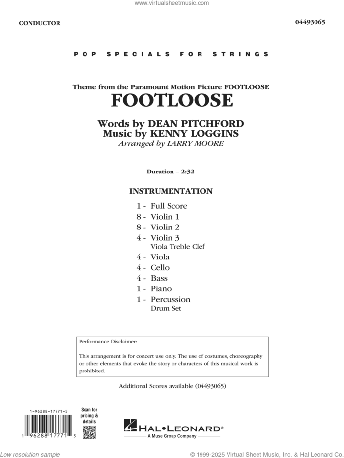 Footloose (arr. Larry Moore) (COMPLETE) sheet music for orchestra by Larry Moore, Dean Pitchford and Kenny Loggins, intermediate skill level