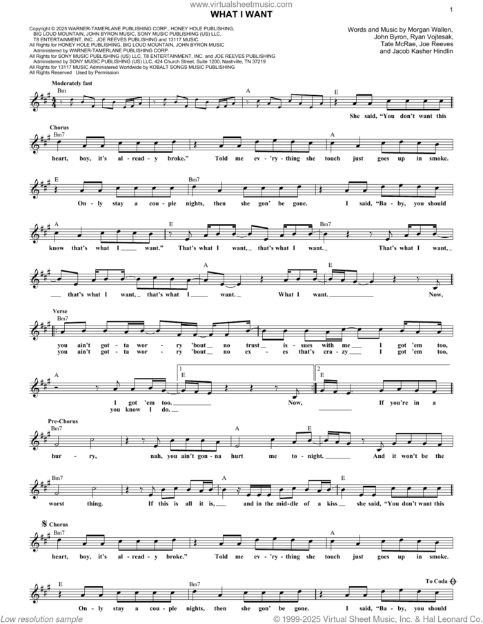 What I Want (feat. Tate McRae) sheet music for voice and other instruments (fake book) by Morgan Wallen, Jacob Kasher Hindlin, Joe Reeves, John Byron, Ryan Vojtesak and Tate McRae, intermediate skill level