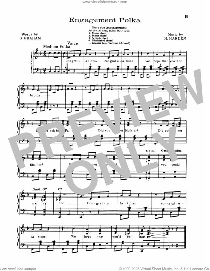 Engagement Polka sheet music for piano solo by Lawrence Welk, H. Harden and S. Graham, intermediate skill level