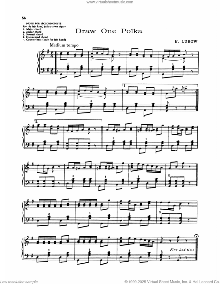 Draw One Polka sheet music for piano solo by Lawrence Welk and K. Lubow, intermediate skill level