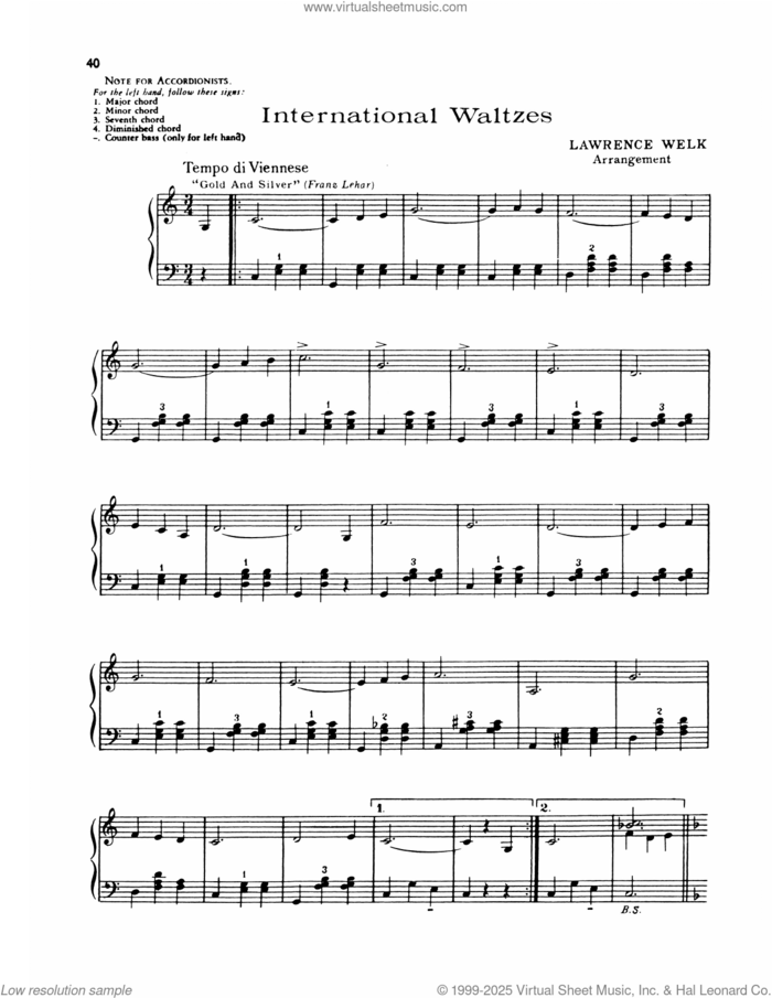 International Waltzes sheet music for piano solo by Lawrence Welk, intermediate skill level