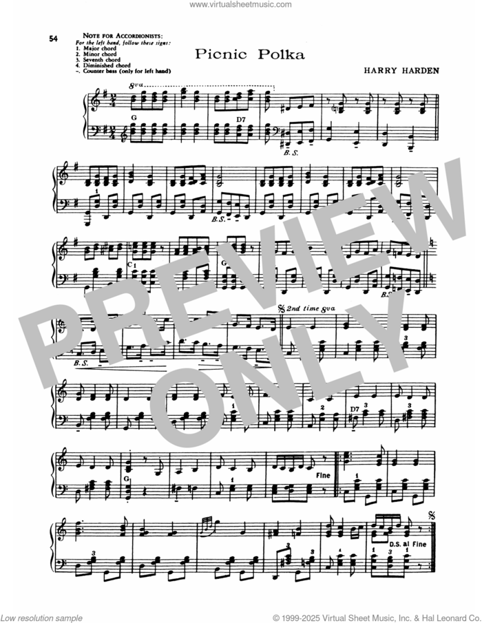 Picnic Polka sheet music for piano solo by Lawrence Welk and Harry Harden, intermediate skill level