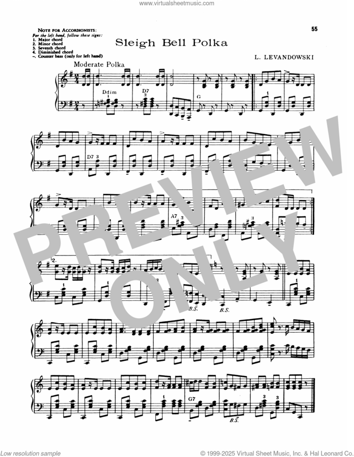 Sleighbell Polka sheet music for piano solo by Lawrence Welk and L. Levandowski, intermediate skill level