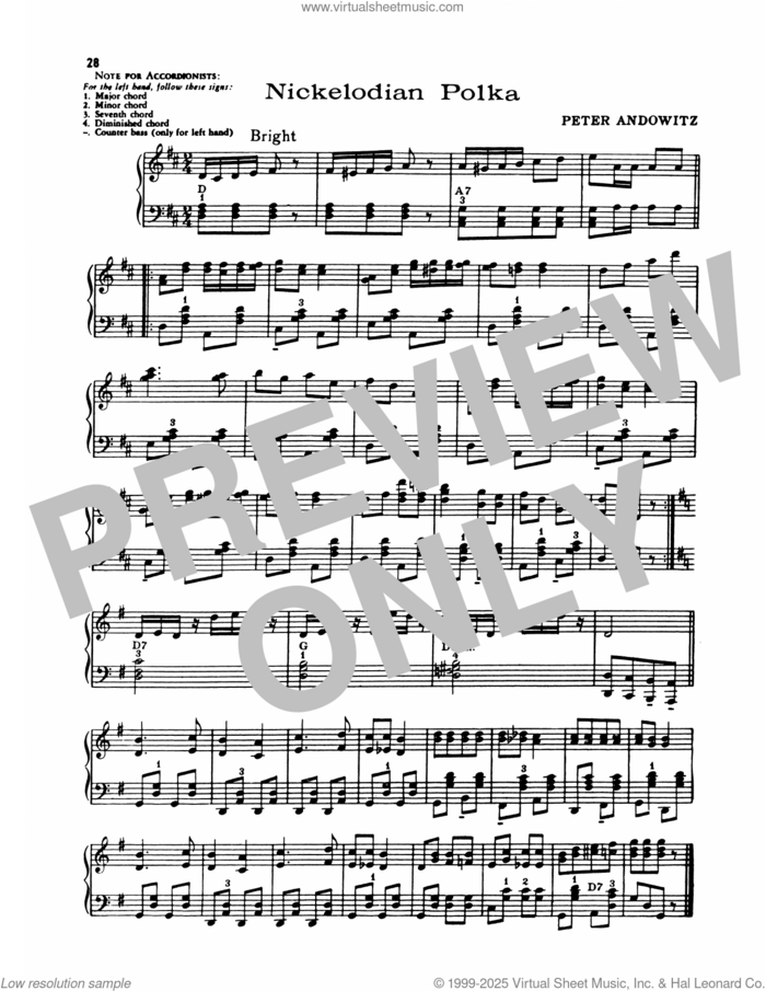 Nickelodian Polka sheet music for piano solo by Lawrence Welk and Peter Andowitz, intermediate skill level