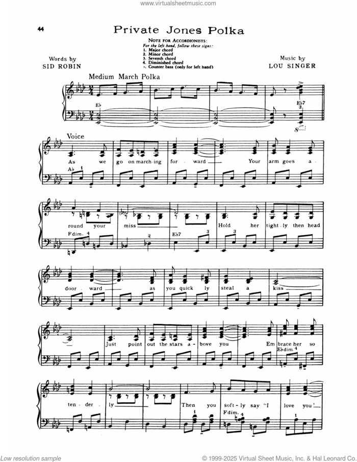 Private Jones Polka sheet music for piano solo by Lawrence Welk, Lou Singer and Sid Robin, intermediate skill level