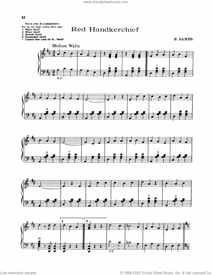 Red Handkerchief sheet music for piano solo by Lawrence Welk and B. Sands, intermediate skill level