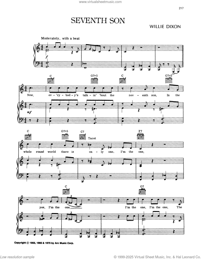 The Seventh Son sheet music for voice, piano or guitar by Willie Dixon, intermediate skill level
