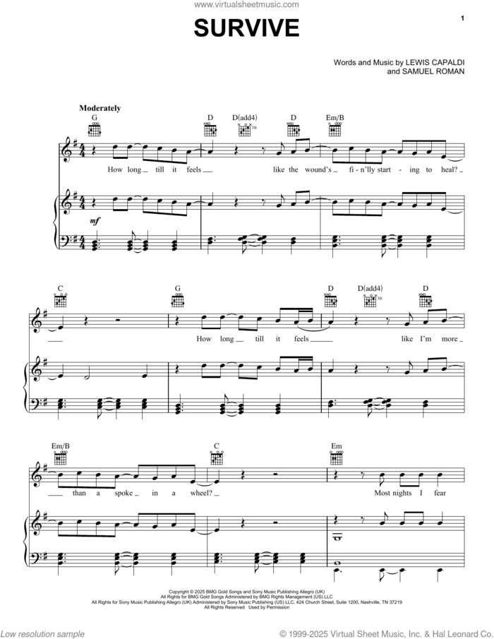 Survive sheet music for voice, piano or guitar by Lewis Capaldi and Samuel Roman, intermediate skill level