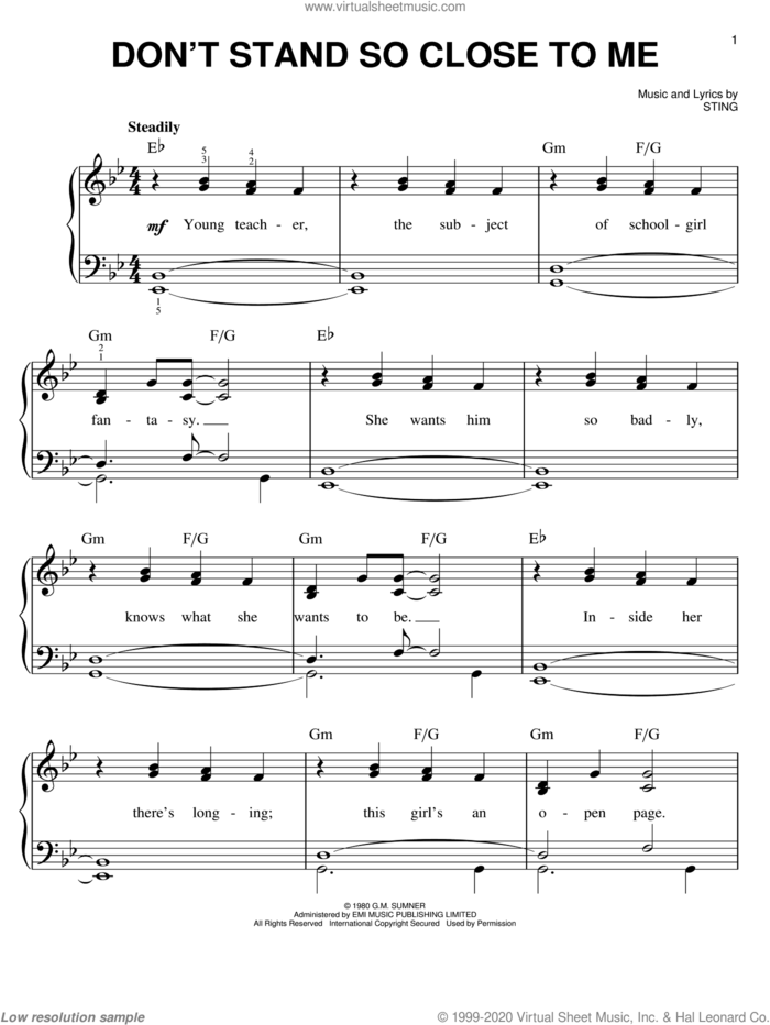 Don't Stand So Close To Me sheet music for piano solo by The Police and Sting, easy skill level