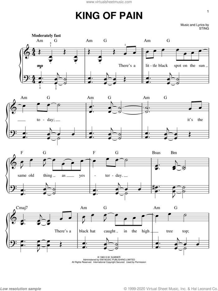 King Of Pain sheet music for piano solo by The Police and Sting, easy skill level