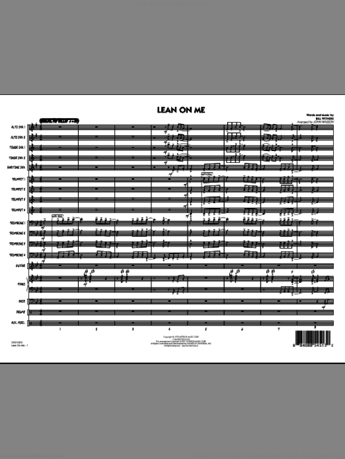 Lean On Me (COMPLETE) sheet music for jazz band by Bill Withers and John Wasson, intermediate skill level