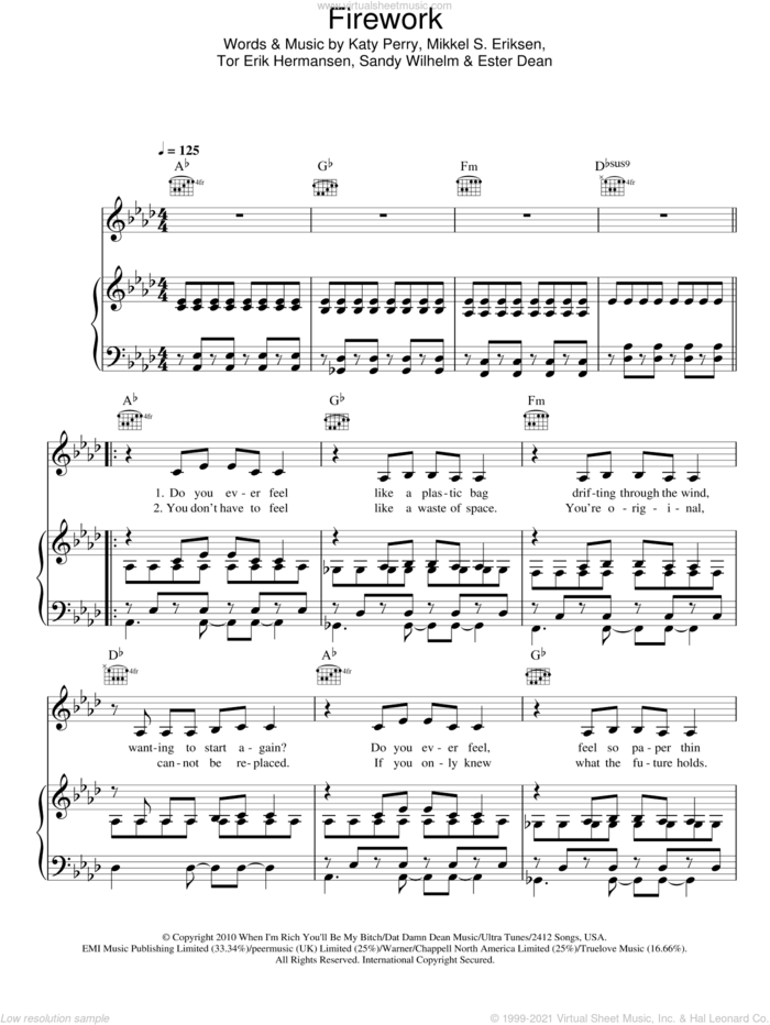 Firework sheet music for voice, piano or guitar by Katy Perry, Ester Dean, Mikkel S. Eriksen, Sandy Wilhelm and Tor Erik Hermansen, intermediate skill level