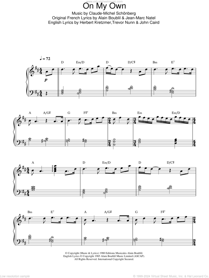 On My Own sheet music for piano solo by Alain Boublil, Les Miserables (Musical), Claude-Michel Schonberg, Herbert Kretzmer, Jean-Marc Natel, John Caird and Trevor Nunn, intermediate skill level