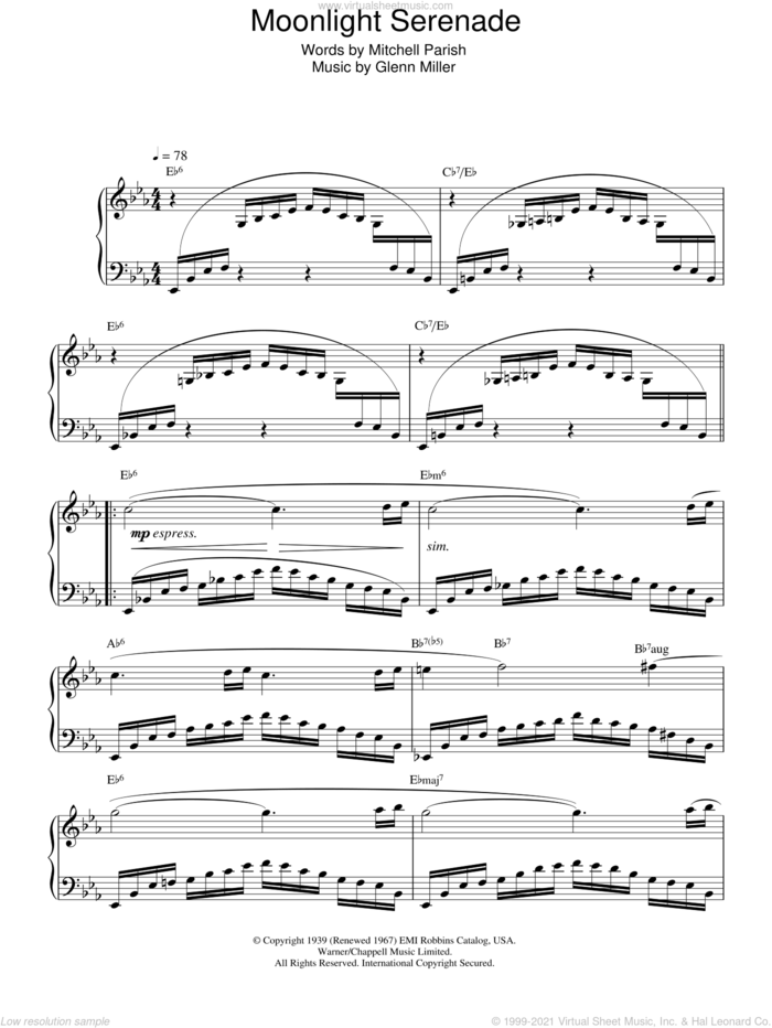 Moonlight Serenade sheet music for piano solo by Glenn Miller and Mitchell Parish, intermediate skill level