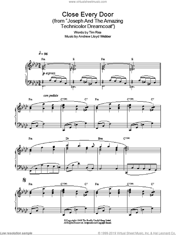 Close Every Door sheet music for piano solo by Andrew Lloyd Webber, Joseph And The Amazing Technicolor Dreamcoat (Musical) and Tim Rice, intermediate skill level