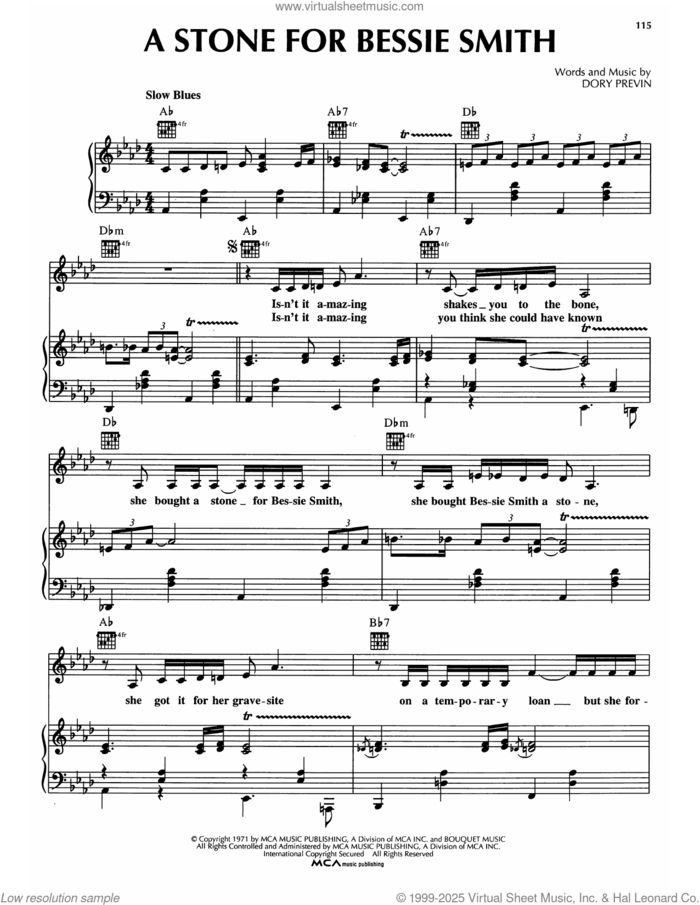A Stone For Bessie Smith sheet music for voice, piano or guitar by Dory Previn, intermediate skill level