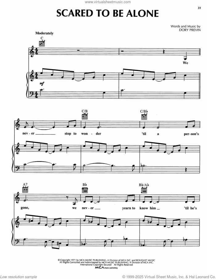 Scared To Be Alone sheet music for voice, piano or guitar by Dory Previn, intermediate skill level