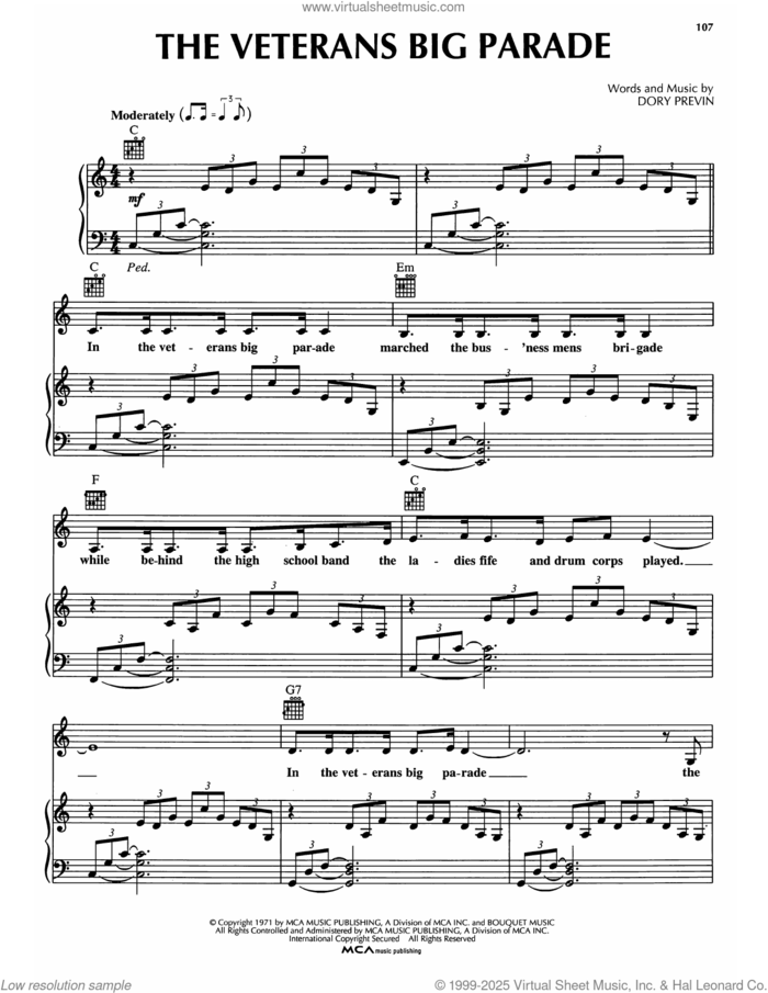 The Veterans Big Parade sheet music for voice, piano or guitar by Dory Previn, intermediate skill level