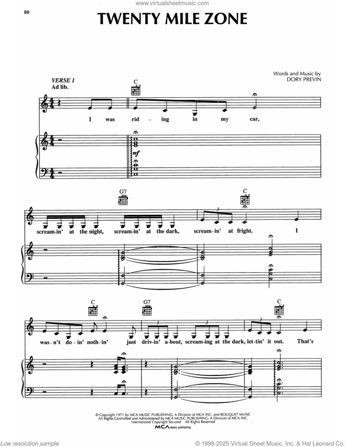 Twenty Mile Zone sheet music for voice, piano or guitar by Dory Previn, intermediate skill level
