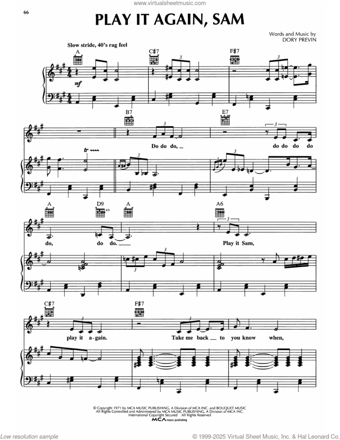 Play It Again, Sam sheet music for voice, piano or guitar by Dory Previn, intermediate skill level