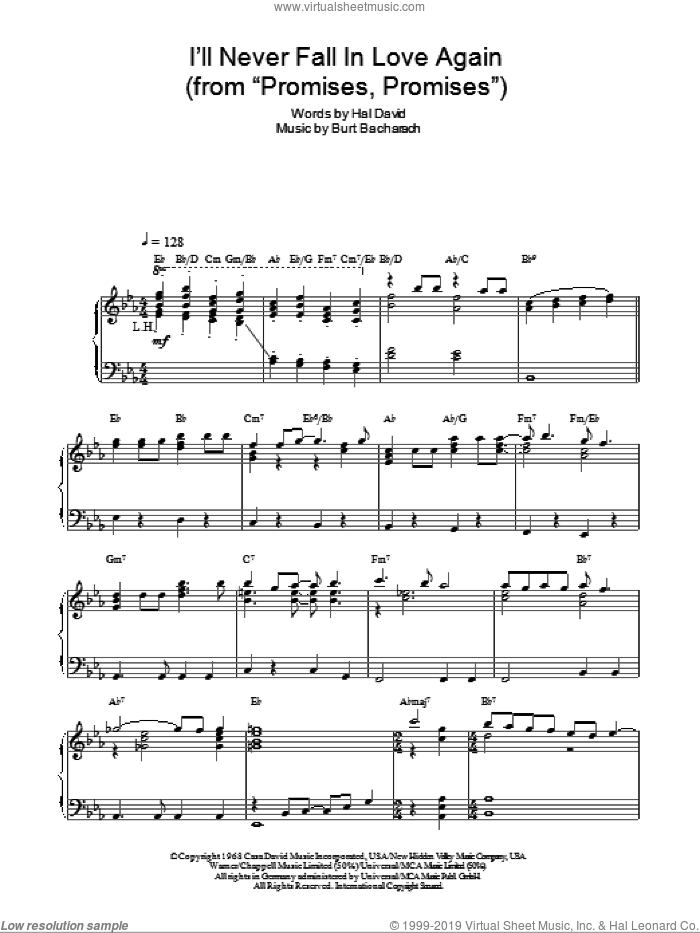 I'll Never Fall In Love Again sheet music for piano solo by Bacharach & David, Promises, Promises (Musical), Burt Bacharach and Hal David, intermediate skill level