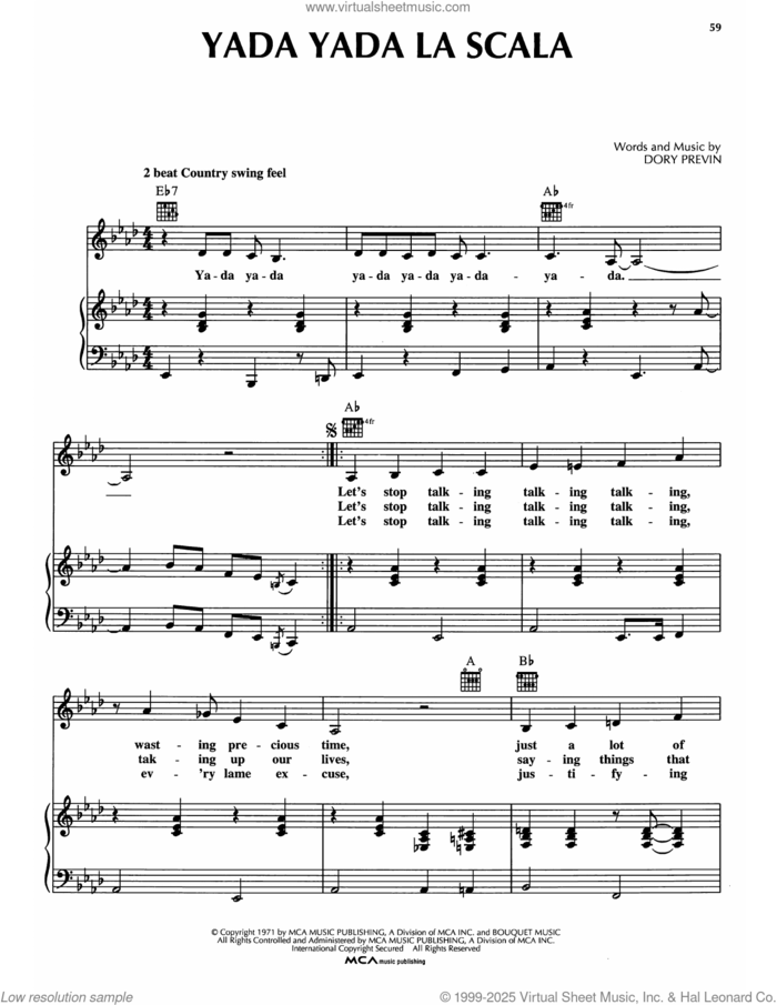 Yada Yada La Scala sheet music for voice, piano or guitar by Dory Previn, intermediate skill level