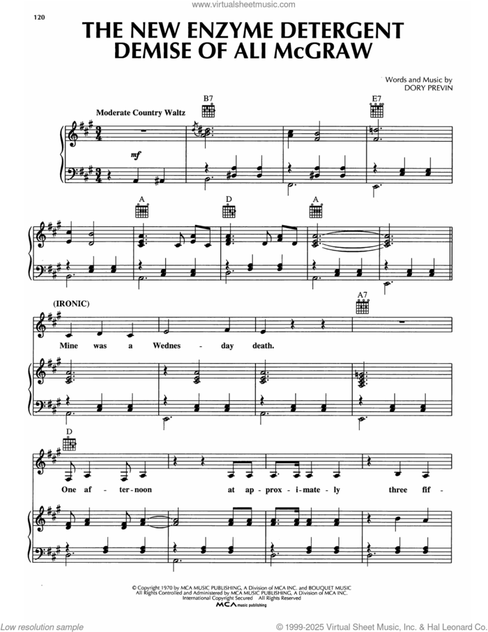 The New Enzyme Detergent Demise Of Ali McGraw sheet music for voice, piano or guitar by Dory Previn, intermediate skill level