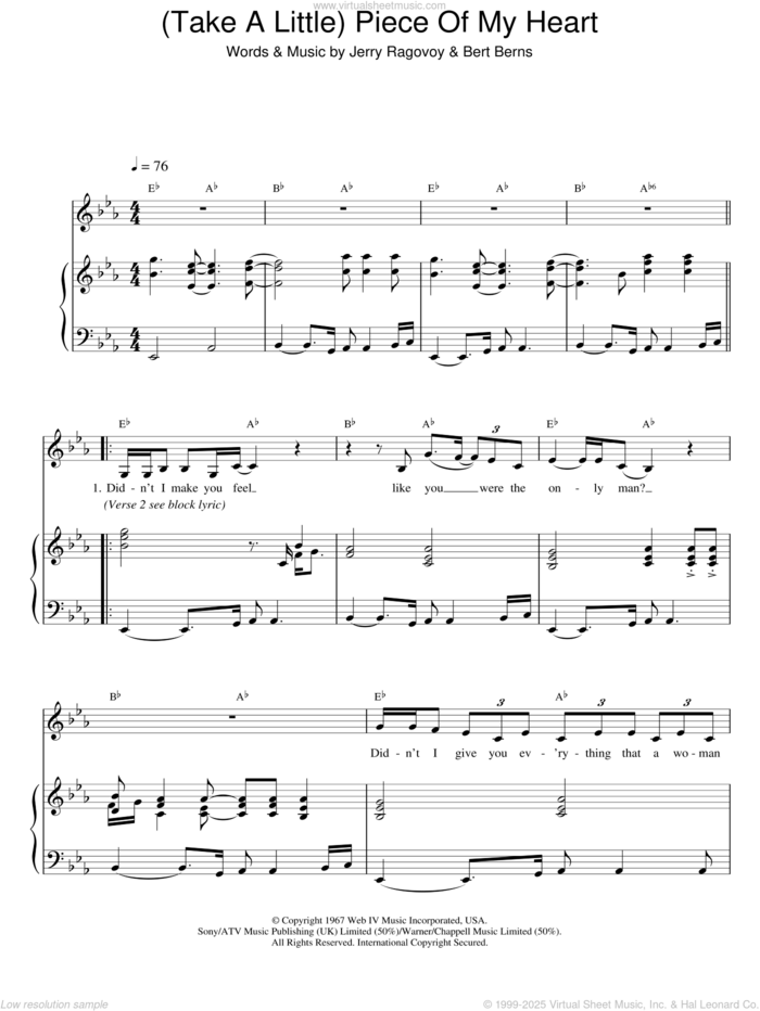 Piece Of My Heart sheet music for voice, piano or guitar by Erma Franklin, Bert Berns and Jerry Ragovoy, intermediate skill level