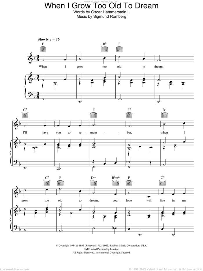 When I Grow Too Old To Dream sheet music for voice, piano or guitar by Louis Armstrong, Oscar II Hammerstein and Sigmund Romberg, intermediate skill level