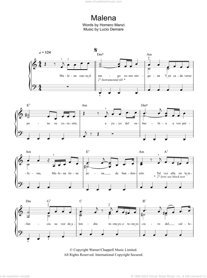 Malena sheet music for piano solo by Lucio Demare, Homero Manzi and Homero Manzione, easy skill level