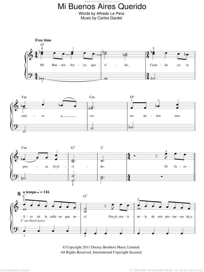 Mi Buenos Aires Querido sheet music for piano solo by Carlos Gardel and Alfredo Le Pera, easy skill level