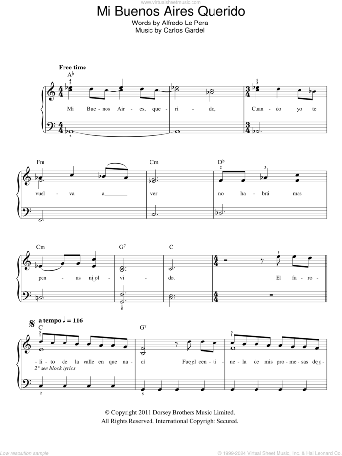 Mi Buenos Aires Querido sheet music for piano solo by Carlos Gardel and Alfredo Le Pera, easy skill level