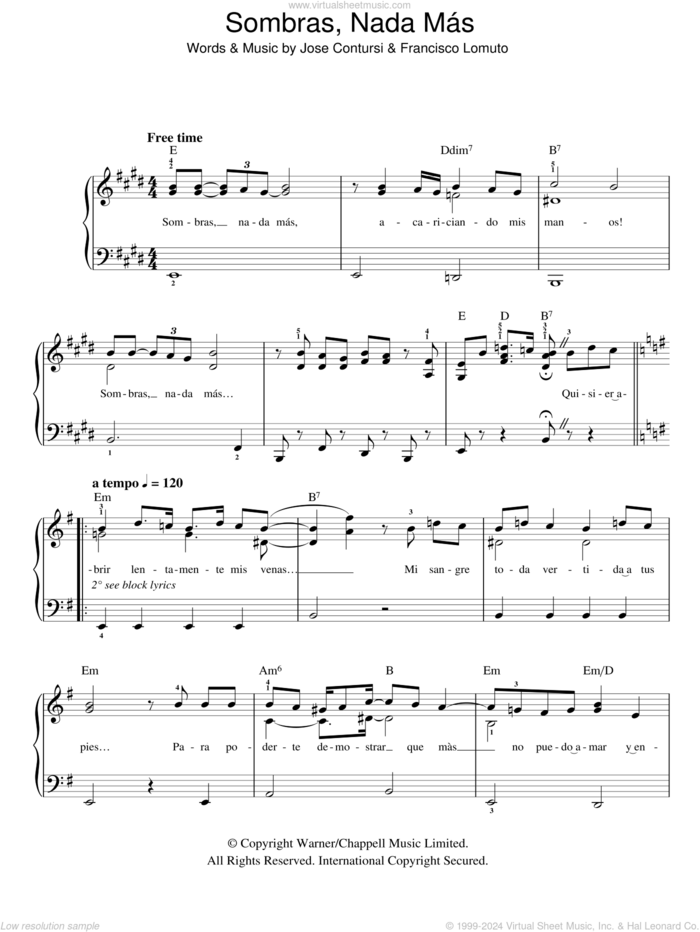 Sombras Nada Mas sheet music for piano solo by Javier Solis, Francisco Lomuto and Jose Contursi, easy skill level