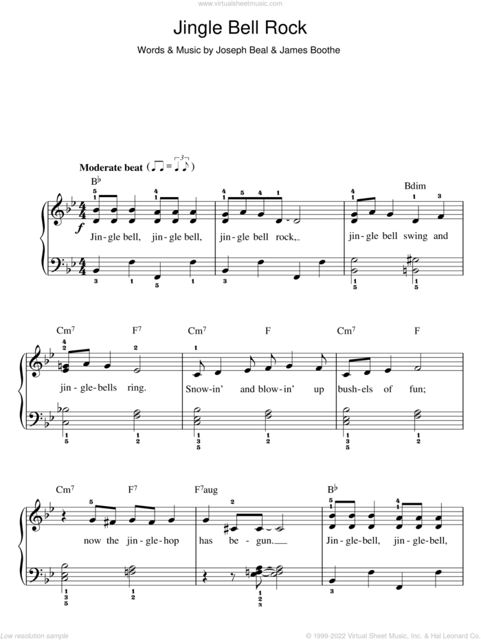 Jingle-Bell Rock sheet music for piano solo by Bobby Helms, James Boothe and Joe Beal, easy skill level