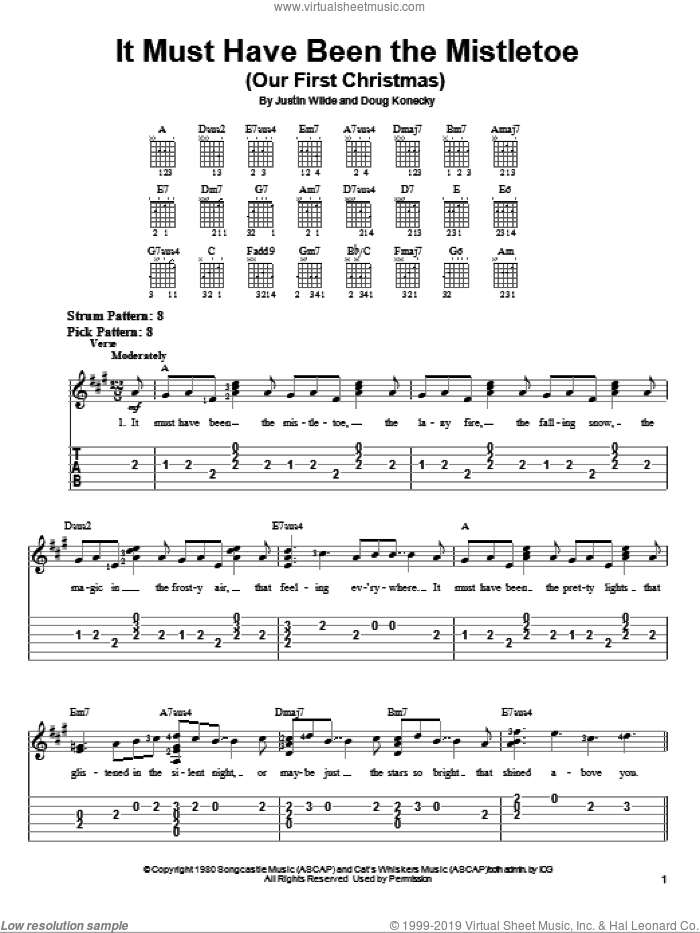 It Must Have Been The Mistletoe (Our First Christmas) sheet music for guitar solo (easy tablature) by Barbara Mandrell, Doug Konecky and Justin Wilde, easy guitar (easy tablature)