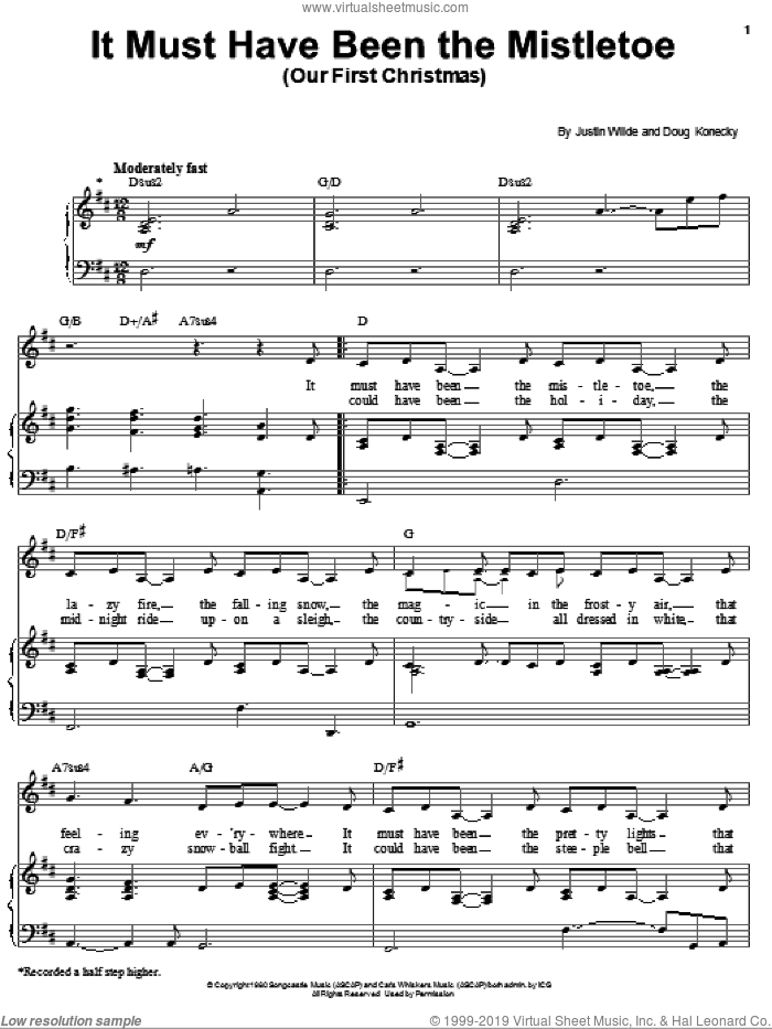 It Must Have Been The Mistletoe (Our First Christmas) sheet music for voice, piano or guitar by Barbra Streisand, Doug Konecky and Justin Wilde, intermediate skill level